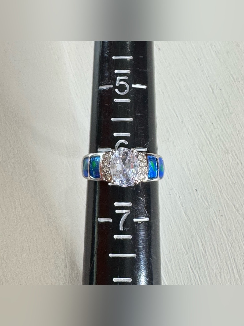 Oval Statement Ring With Synthetic Blue Opal Inlay - Size 6